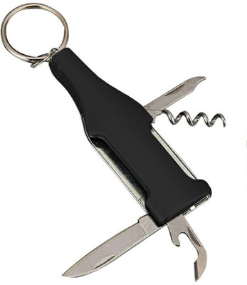 

Shubheksha Bottle Shape Key Chain with Knife, Bottle Opener, Cork Opener & Filer (5 in 1) (Black) Key Chain