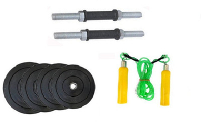 

YUKI ONLINE SERIES : NICKLE DUMBELL RODS , 10 KG ( 2.5 KG X 4 ) WEIGHT PLATES , WOODEN HANDLE SKIPING ROPE Gym & Fitness Kit
