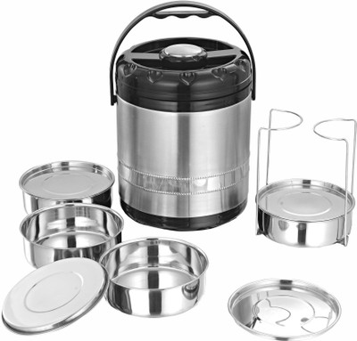

calvy Best Lunch Box, JUMBO TIFFIN WITH 4 CONTAINERS, Stainless Steel Lunch Box, With Imported Puff, Builds Taste Container Stand Included, Best for Long Trips 4 Containers Lunch Box(1000 ml), Silver