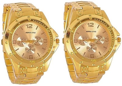 PEPPER STYLE Full Gold 2 Combo Wrist Analogue Watch Boys & Mens STYLE 037 Watch  - For Men   Watches  (PEPPER STYLE)