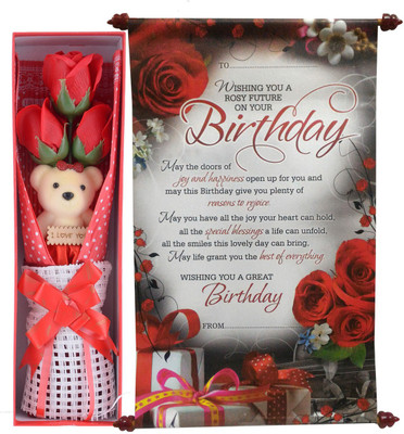 Saugat Traders Birthday Gift Combo - Birthday Scroll Card & Gift Box With Flowers & Teddy(Set of 2)