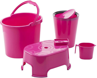 

Varmora ultramorden design Bathroom Accessories 5 Pcs Set Pink (Balti 17.5 ltr, Round Waste Container 8.5 Ltr, Mug 1 ltr, Soap Dish, Comfort Stool, Pink 17 L Plastic Bucket