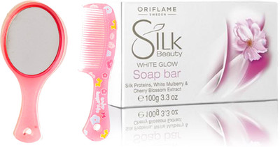 

Oriflame Sweden Silk Beauty White Glow Soap Bar 100g (22715) With Mirror Comb Set(Set of 3)