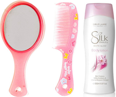 

Oriflame Sweden Silk Beauty White Glow Body Lotion 200ml (23555) With Mirror Comb Set(Set of 3)