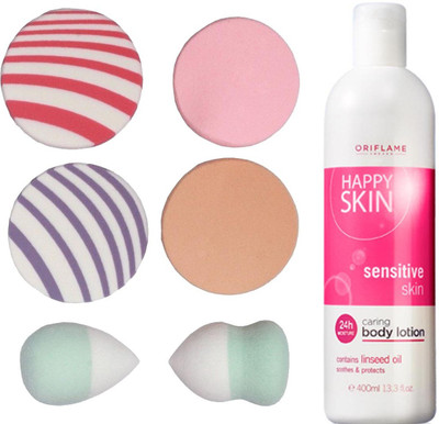 

Oriflame Sweden Happy Skin Caring Body Lotion Sensitive Skin 400ml (23729) With Puff Sponge(Set of 7)
