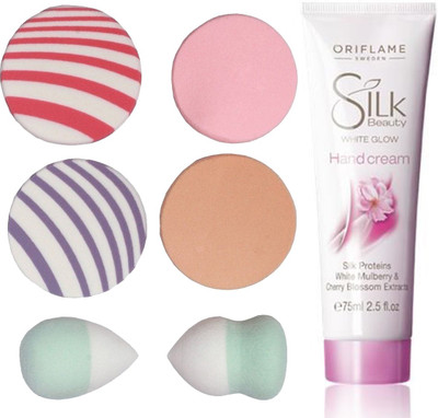 

Oriflame Sweden Silk Beauty White Glow Hand Cream 75ml (26436) With Puff Sponge(Set of 7)
