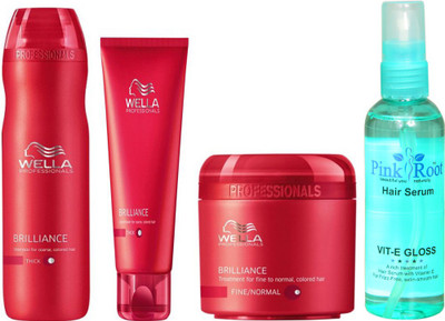 WELLA BRILLIANCE SHAMPOO WITH CONDITIONER AND MASK WITH PINK ROOT HAIR SERUM(Set of 4)