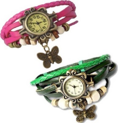 

Talgo New Arrival Festive Season Special TGDORIPKGR Butterfly Round Dial Pink And Green Leather Dori Strape (Combo Of 2) TGDORIPKGR Watch - For Girls