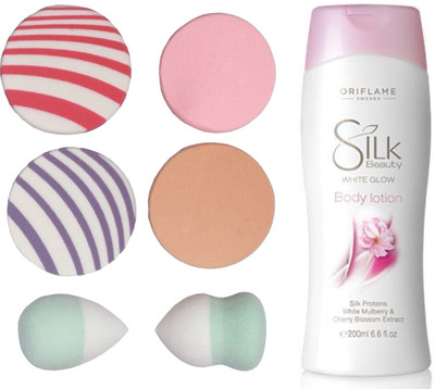 

Oriflame Sweden Silk Beauty White Glow Body Lotion 200ml (23555) With Puff Sponge(Set of 7)