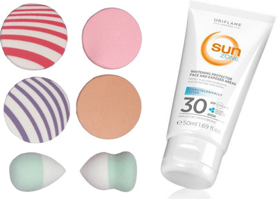 

Oriflame Sweden SUN Zone Whitening UVA/UVB Lotion SPF 30 (50ml) 30322 With Puff Sponge(Set of 7)