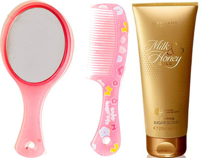 

Oriflame Sweden Milk & Honey Gold Smoothing Sugar Scrub 200ml (31601) With Mirror Comb Set(Set of 3)