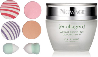 

Oriflame Sweden NovAge Ecollagen Wrinkle Smoothing Day Cream SPF 15 50ml (31544) With Puff Sponge(Set of 7)
