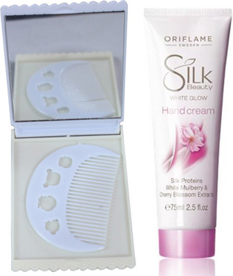 

Oriflame Sweden Silk Beauty White Glow Hand Cream 75ml (26436) With Comb Mirror Set(Set of 3)