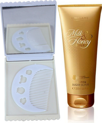 

Oriflame Sweden Milk & Honey Gold Smoothing Sugar Scrub 200ml (31601) With Comb Mirror Set(Set of 3)