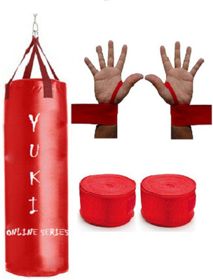

YUKI Online Series 3.0 Feet Long, Synthetic Leather Material, Red Color, Unfilled with Hanging Straps with 9 Feet Long Red Color Hand Wraps Pair Boxing Kit