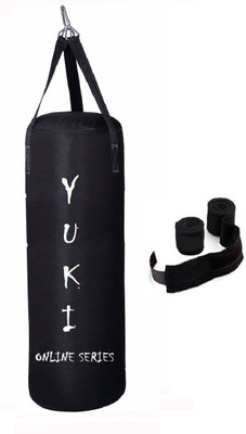 

YUKI Online Series 1.5 Feet Long, PU Material, Black Color, Unfilled with Hanging Straps with 9 Feet Long Black Color Hand Wraps Pair Boxing Kit