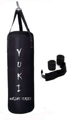 

YUKI Online Series 3.5 Feet Long, Synthetic Leather Material, Black Color, Unfilled with Hanging Straps with 9 Feet Long Black Color Hand Wraps Pair Boxing Kit