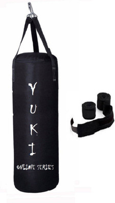 

YUKI Online Series 4.5 Feet Long, PU Material, Black Color, Unfilled with Hanging Straps with 9 Feet Long Black Color Hand Wraps Pair Boxing Kit