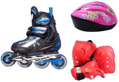 

Nivia Combo of Three, One Pair of 'Super Inline' Skates (Senior Unisex) ,One Skating Kit and One Helmet (Size - Senior) Skating Kit