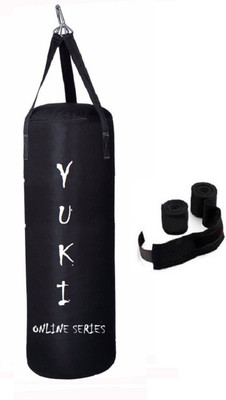 

YUKI Online Series 2.5 Feet Long, PU Material, Black Color, Unfilled with Hanging Straps with 9 Feet Long Black Color Hand Wraps Pair Boxing Kit