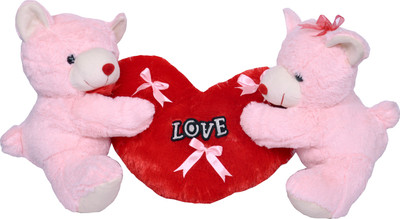 Lavii pink couple teddy bear with heart - 28 cm(pink & red)