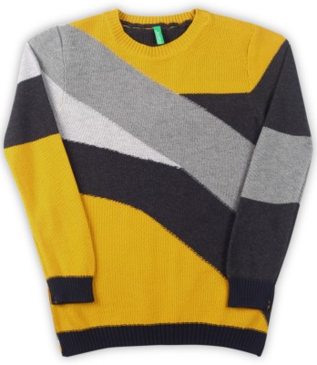 United Colors of Benetton Woven Round Neck Casual Boys Black, Yellow, Grey Sweater at flipkart