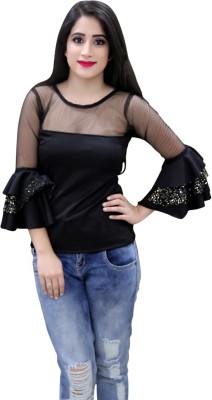 CRAZEVILLA Party Layered Sleeve Solid Women Black Top