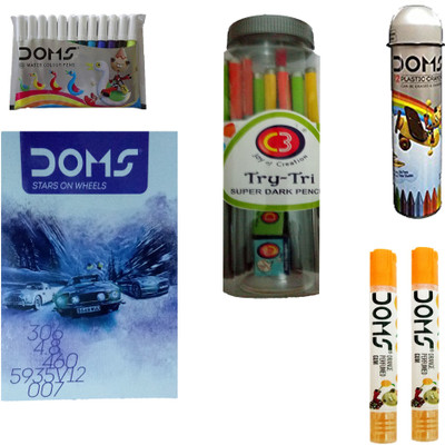 

DOMS NOTE BOOK ( 172 PAGES ) + C3 TRY-TRI SUPER DARK PENCIL ( 1 SHARPENER + 1 ERASER ) + GUM TUBES + 12 PLASTIC CRAYONS + NEON ERASERS + 12 WATER COLOUR PENS ART SET