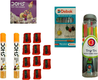 

DOMS C3 TRY-TRI PENCIL ( 1 SHARPENER + 1 ERASER ) + EXTRA LONG PENCIL SHARPENER + DUST FREE ERASERS + GUB TUBES + DEBOK MICROTEC BALL PEN ART SET