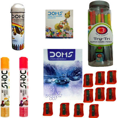 

DOMS NOTE BOOK ( 172 PAGES ) + C3 TRY-TRI SUPER DARK PENCIL ( 1 SHARPENER + 1 ERASER ) + GUM TUBES + LONG COLOURED ERASERS + 12 ERASABLE PLASTIC CRAYONS + EXTRA LONG PENCIL SHARPENER ART SET