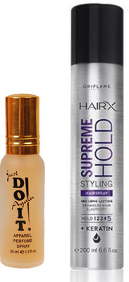 

Oriflame Sweden HairX Supreme Hold Styling Hairspray 200ml (30551) With Just Doit Perfume 30ml(Set of 2)