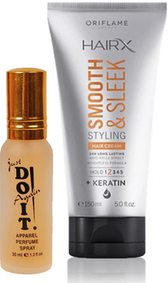 

Oriflame Sweden HairX Smooth & Sleek Styling Hair Cream 150ml (30881) With Just Doit Perfume 30ml(Set of 2)