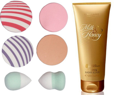 

Oriflame Sweden Milk & Honey Gold Smoothing Sugar Scrub 200ml (31601) With Puff Sponge(Set of 7)