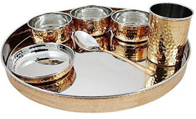 KUBER INDUSTRIES Pack of 8 Copper Decorative Traditional Hammered Steel/Copper Thali Dinner set 8 Pcs (Dinner Plate+3 Bowl+Rice Plate+Drinking Glass+Spoon+Fork) CTH02 Dinner Set(Gold)