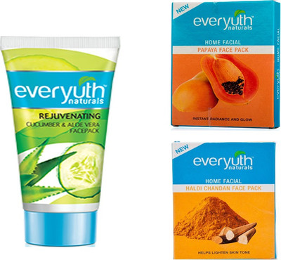 

EVERYUTH NATURALS REJUVENATING CUCUMBER & ALOE VERA FACE PACK 50 GM+ PAPAYA FACE PACK 25 GM+ HALDI CHANDAN FACE PACK 25 GM(50 g)