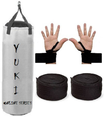 

YUKI Online Series 3.0 Feet Long, Synthetic Leather Material, White Color, Unfilled with Hanging Straps with 9 Feet Long Black Color Hand Wraps Pair Boxing Kit