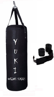 

YUKI Online Series 5.0 Feet Long, PU Material, Black Color, Unfilled with Hanging Straps with 9 Feet Long Black Color Hand Wraps Pair Boxing Kit