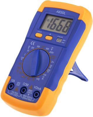 

BalRama A830L Measure AC / DC Voltage, DC Current, Resistance, Continuity Beeper, Diode / Transistor / On-Off Test Multitester with Data Hold + Back Light LCD Display + Low Battery Indicator + 9volt Battery + Voltmeter Leads Blue Yellow Unity Digital Volt