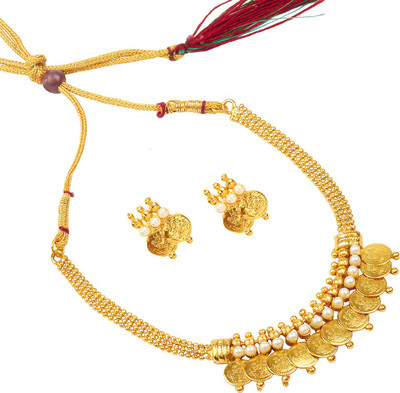 Shining Jewel 24K Lakshmi Coin Pearl Yellow Gold Plated Brass Necklace Set available at flipkart for Rs.398