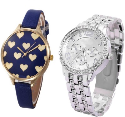 COSMIC Rhinestone Collection Stainless Steel Strap SILVER Color Dial WITH GENEVA PLATINUM Little Hearts DARK BLUE ROYAL CLASSIC BIG SIZE DIAL -32 MM DIAMETER HAVING SLIM STRAP BASICS CASUAL & FORMAL GIRLS & LADIES Watch  - For Women   Watches  (COSMIC)
