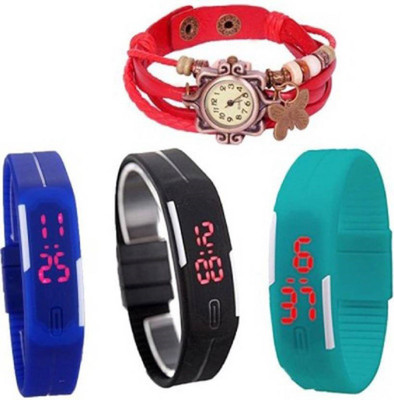 

Talgo New Arrival Festive Season Special TGRDLEDBUBKSKBU Red Colour Round Dial Leather Dori Strap And Multi Colour Square Dial Rubber Strap (Combo of 4) TGDORIRDLEDBUBKSKBU Watch - For Girls