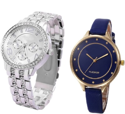 COSMIC Rhinestone Collection Stainless Steel Strap SILVER Color Dial WITH GENEVA PLATINUM DARK BLUE ROYAL CLASSIC BIG SIZE DIAL -32 MM DIAMETER HAVING SLIM STRAP BASICS CASUAL & FORMAL GIRLS & LADIES Watch  - For Women   Watches  (COSMIC)