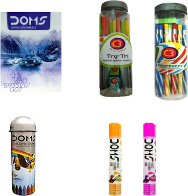 

DOMS NOTE BOOK + C3 TRY-TRI SUPER DARK PENCIL ( 1 SHARPENER + 1 ERASER ) + C3 COLORCANDY GRAPHITE PENCIL ( 1 SHARPENER + 1 ERASER ) + GUM TUBES + 12 ERASABLE PLASTIC CRAYONS ART SET