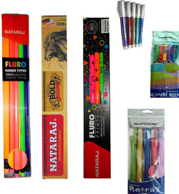 

NATARAJ FLURO PRINTS RUBBER TIPPED PENCIL + BOLD PENCIL + FLURO NEON RUBBER TIPPED PENCIL + RETRAX BALL PEN + SUPER X2 BALL PEN + SURFER GEL PEN ART SET