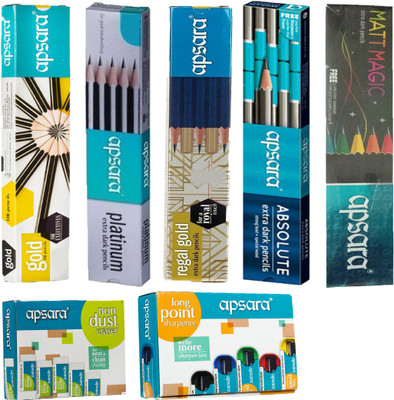 

Apsara MATT MAGIC PENCIL +ABSOLUTE PENCIL+REGAL GOLD +PLATINUM PENCIL+GOLD PENCIL+NON DUST ERASER +LONG POINT SHARPENER