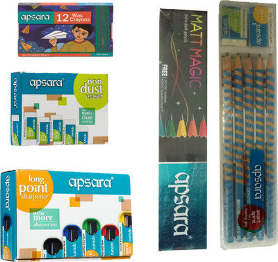Apsara MATT MAGIC PENCIL + EZ GRIP PENCIL + NON DUST ERASER + LONG POINT SHARPENER + 12 WAX CRAYONS + POUCH