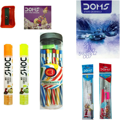 

DOMS NOTE BOOK + C3 COLORCANDY GRAPHITE PENCIL ( SHARPENER + ERASER ) + GUM TUBES + DUST FREE ERASER + PENCIL KIT + TRI POWER KIT + EXTRA LONG PENCIL SHARPENER ART SET