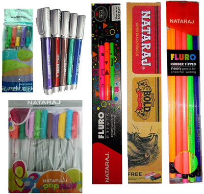 

NATARAJ FLURO PRINTS RUBBER TIPPED PENCIL + BOLD PENCIL + POP FLOW BALL PEN ( WITH 10 COLOURFUL INKS -AS PER BODY COLOUR ) + FLURO NEON RUBBER TIPPED PENCIL + SUPER X2 BALL PEN + SURFER GEL PEN ART SET