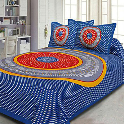 JAIPUR FASHION Cotton Double Flat Geometric Bedsheet(Pack of 1, Blue with Red or Green Circle)