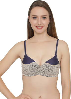 Clovia Padded Non-Wired Bridal Bra With Lace Women T-Shirt Lightly Padded Bra(Dark Blue)
